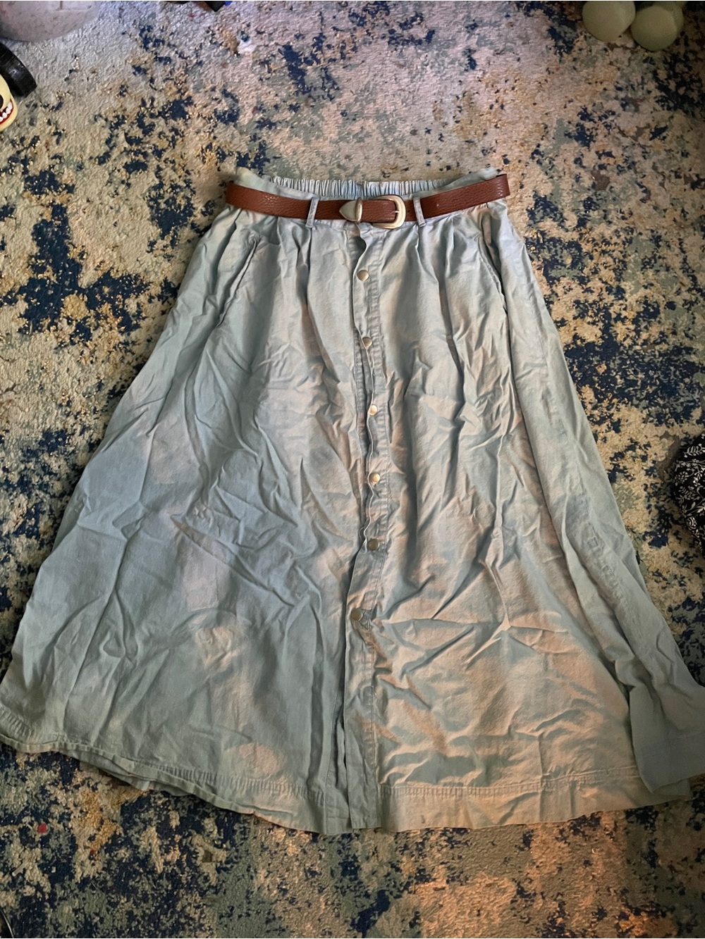 Vintage Light Sage Button-Front Midi Skirt with Belt